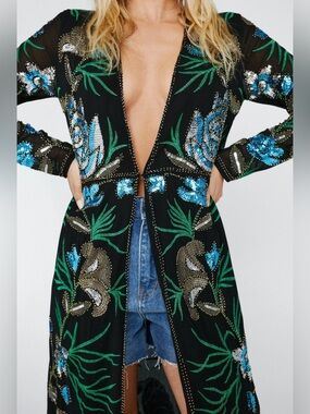 Nasty Gal Floral Embroidered/Beaded Longline Kimono Medium